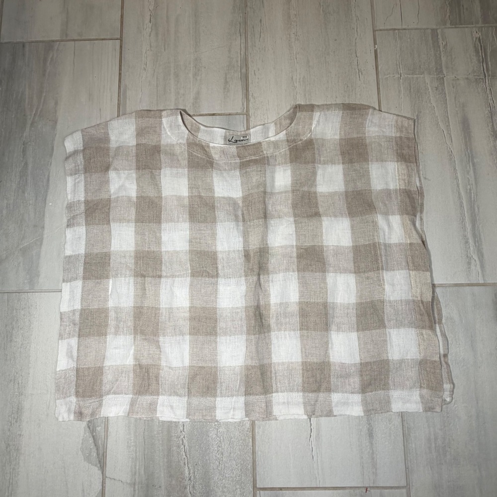 iLinen Lifestyle 100% Linen‎ Gingham Boxy Top Tan White Made in Poland OS